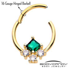 Load image into Gallery viewer, 16G 3/8 Green CZ Gem Gold Tone Rhombus Riot Hinged Segment Ring
