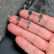 Load image into Gallery viewer, 14G 9/16 Green Gem Shamrock Glam St Patricks Dangle Nipple Ring Set
