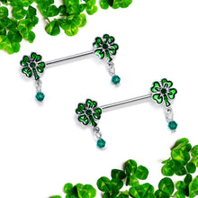 Load image into Gallery viewer, 14G 9/16 Green Gem Shamrock Glam St Patricks Dangle Nipple Ring Set
