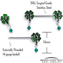Load image into Gallery viewer, 14G 9/16 Green Gem Shamrock Glam St Patricks Dangle Nipple Ring Set
