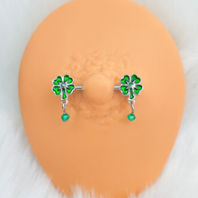 Load image into Gallery viewer, 14G 9/16 Green Gem Shamrock Glam St Patricks Dangle Nipple Ring Set
