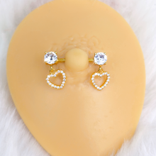 Load image into Gallery viewer, 14G 9/16 Clear CZ Gem Gold Tone Paved Heart Dangle Nipple Ring Set
