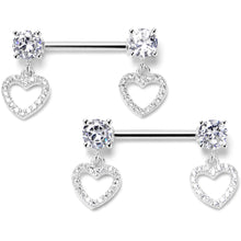 Load image into Gallery viewer, 14G 9/16 Clear CZ Gem Paved Heart Dangle Nipple Ring Set
