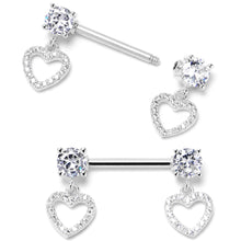 Load image into Gallery viewer, 14G 9/16 Clear CZ Gem Paved Heart Dangle Nipple Ring Set

