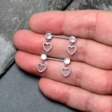 Load image into Gallery viewer, 14G 9/16 Clear CZ Gem Paved Heart Dangle Nipple Ring Set
