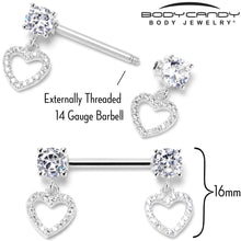 Load image into Gallery viewer, 14G 9/16 Clear CZ Gem Paved Heart Dangle Nipple Ring Set
