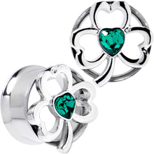 Load image into Gallery viewer, Green Gem Heart Shamrock St Patricks Tunnel Plug Set Sizes 10mm to 16mm
