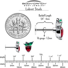 Load image into Gallery viewer, 16G 1/4 Red Green Gem Strawberry Heart Labret
