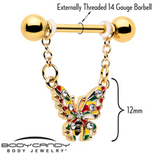 Load image into Gallery viewer, 14G 9/16 Clear Gem Gold Tone Color Block Butterfly Dangle Nipple Ring Set
