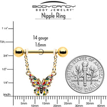 Load image into Gallery viewer, 14G 9/16 Clear Gem Gold Tone Color Block Butterfly Dangle Nipple Ring Set
