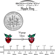 Load image into Gallery viewer, 14G 9/16 Red Green Gem Strawberry Heart Barbell Nipple Ring Set
