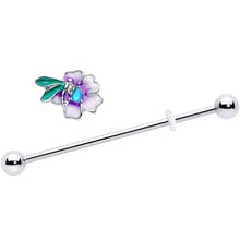 Load image into Gallery viewer, 14G Blue Gem Faerie Flower Purple Industrial Barbell 38mm
