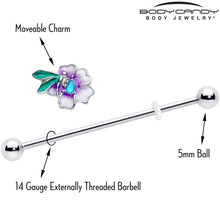 Load image into Gallery viewer, 14G Blue Gem Faerie Flower Purple Industrial Barbell 38mm
