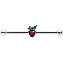 Load image into Gallery viewer, 14G Red Green Gem Strawberry Heart Industrial Barbell 38mm
