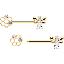Load image into Gallery viewer, 14G 9/16 Clear CZ Gem Gold Tone Bee Hive Luv Barbell Nipple Ring Set
