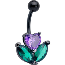 Load image into Gallery viewer, Purple Green CZ Gem Black Love Flower Belly Ring
