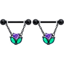 Load image into Gallery viewer, 14G 9/16 Purple CZ Gem Black Love Flower Dangle Nipple Ring Set
