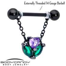 Load image into Gallery viewer, 14G 9/16 Purple CZ Gem Black Love Flower Dangle Nipple Ring Set
