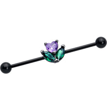 Load image into Gallery viewer, 14G Purple Green CZ Gem Black Love Flower Industrial Barbell 38mm
