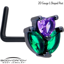 Load image into Gallery viewer, 20G 7mm Purple Green CZ Gem Black Love Flower L Shape Nose Ring
