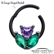 Load image into Gallery viewer, 16G 3/8 Purple Green CZ Gem Black Love Flower Hinged Segment Ring

