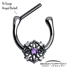 Load image into Gallery viewer, 16G 5/16 Purple Clear CZ Gem Black Flower Ring Cartilage Clicker
