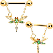 Load image into Gallery viewer, 14G 9/16 Green Gem Gold Tone Swank Dragonfly Dangle Nipple Ring Set
