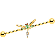 Load image into Gallery viewer, 14G Green Gem Gold Tone Swank Dragonfly Dangle Industrial Barbell 38mm

