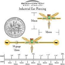 Load image into Gallery viewer, 14G Green Gem Gold Tone Swank Dragonfly Dangle Industrial Barbell 38mm
