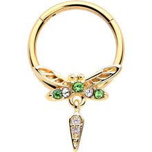 Load image into Gallery viewer, 16G 3/8 Green Gem Gold Tone Swank Dragonfly Dangle Hinged Segment Ring
