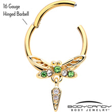 Load image into Gallery viewer, 16G 3/8 Green Gem Gold Tone Swank Dragonfly Dangle Hinged Segment Ring
