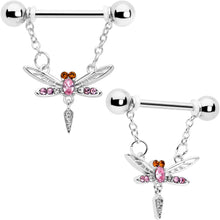 Load image into Gallery viewer, 14G 9/16 Pink Gem Swank Dragonfly Dangle Nipple Ring Set
