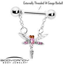 Load image into Gallery viewer, 14G 9/16 Pink Gem Swank Dragonfly Dangle Nipple Ring Set
