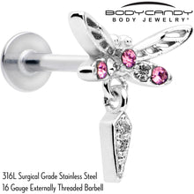 Load image into Gallery viewer, 16G 5/16 Pink Gem Swank Dragonfly Dangle Labret Monroe Tragus
