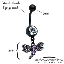 Load image into Gallery viewer, Purple CZ Gem Black Night Dragonfly Dangle Belly Ring
