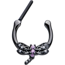 Load image into Gallery viewer, 16G 5/16 Purple CZ Gem Black Night Dragonfly Cartilage Clicker
