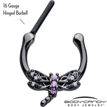 Load image into Gallery viewer, 16G 5/16 Purple CZ Gem Black Night Dragonfly Cartilage Clicker
