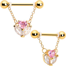 Load image into Gallery viewer, 14G 9/16 Pink CZ Gem Gold Tone Love Flower Dangle Nipple Ring Set
