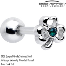 Load image into Gallery viewer, 16G 5/16 Green Gem Heart Shamrock St Patricks Cartilage Earring
