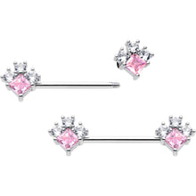 Load image into Gallery viewer, 14G 9/16 Pink Clear CZ Gem Rhombus Riot Barbell Nipple Ring Set
