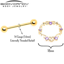 Load image into Gallery viewer, 14G 9/16 Purple CZ Gem Gold Tone Heart Filigree Nipple Shield Set
