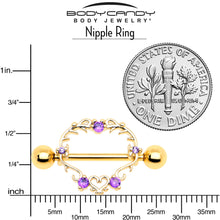 Load image into Gallery viewer, 14G 9/16 Purple CZ Gem Gold Tone Heart Filigree Nipple Shield Set

