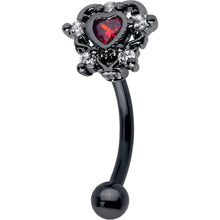 Load image into Gallery viewer, 16G 5/16 Red CZ Gem Black Double Heart Curved Eyebrow Ring
