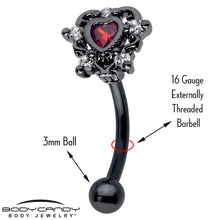 Load image into Gallery viewer, 16G 5/16 Red CZ Gem Black Double Heart Curved Eyebrow Ring
