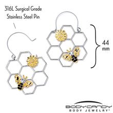 Load image into Gallery viewer, Clear Gem Bee Honeycomb Flower Tunnel Plug Earrings
