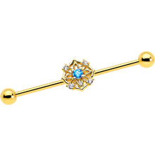 Load image into Gallery viewer, 14G Blue CZ Gem Gold Tone Flower Ring Industrial Barbell 38mm
