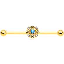 Load image into Gallery viewer, 14G Blue CZ Gem Gold Tone Flower Ring Industrial Barbell 38mm
