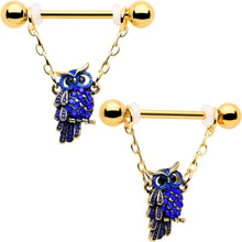 Load image into Gallery viewer, 14G 9/16 Blue Gem Gold Tone Sky Owl Chain Dangle Nipple Ring Set
