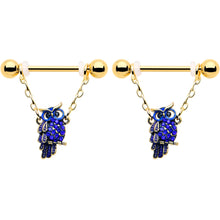 Load image into Gallery viewer, 14G 9/16 Blue Gem Gold Tone Sky Owl Chain Dangle Nipple Ring Set
