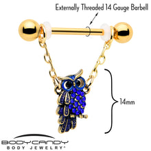Load image into Gallery viewer, 14G 9/16 Blue Gem Gold Tone Sky Owl Chain Dangle Nipple Ring Set
